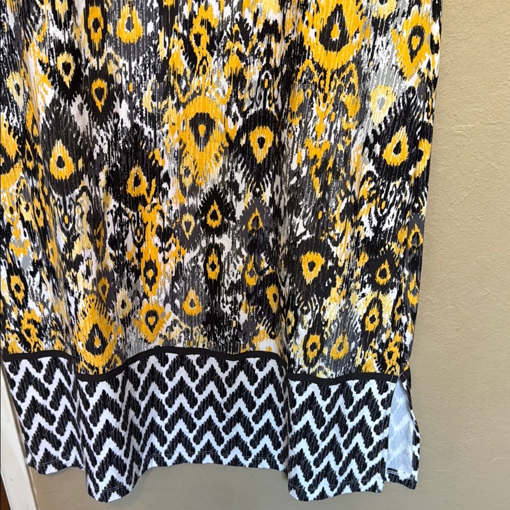 Denim & Co Yellow Black Geometric Ikat Midi Dress Side Slit Knit Petite LP - Picture 8 of 15